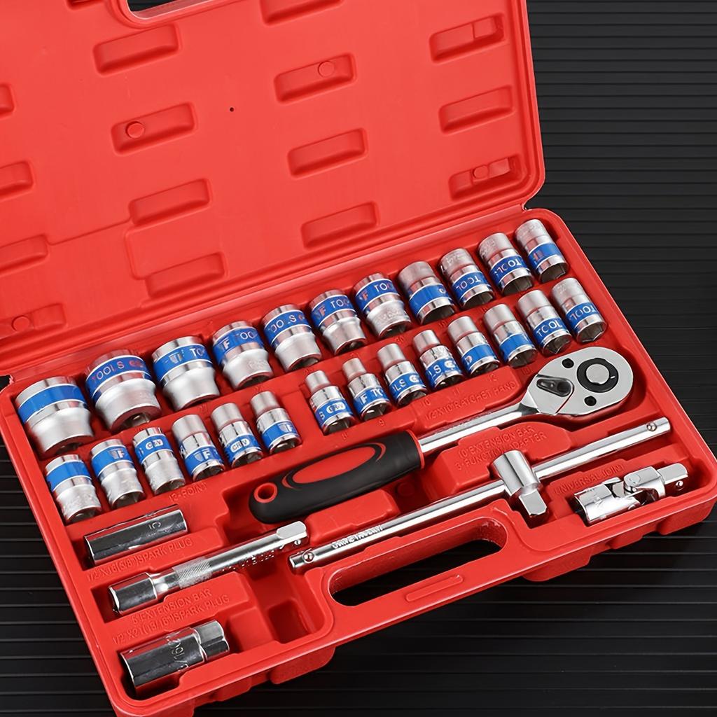 32 Pcs Mechanics Tool Set and Socket Set, 1/2"  Drive Deep and Standard Sockets, Ratchet Wrench Set, Mechanic Tool Kits