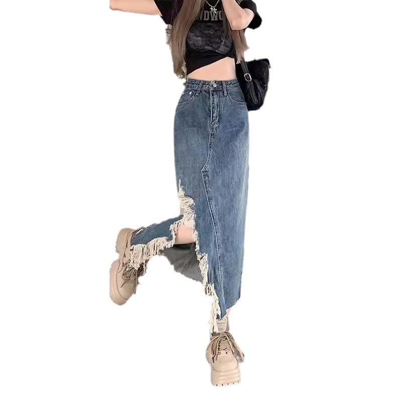 Plus Size High Waist Ripped Denim Midi Skirt - Summer Slimming A-line with Irregular Slit
