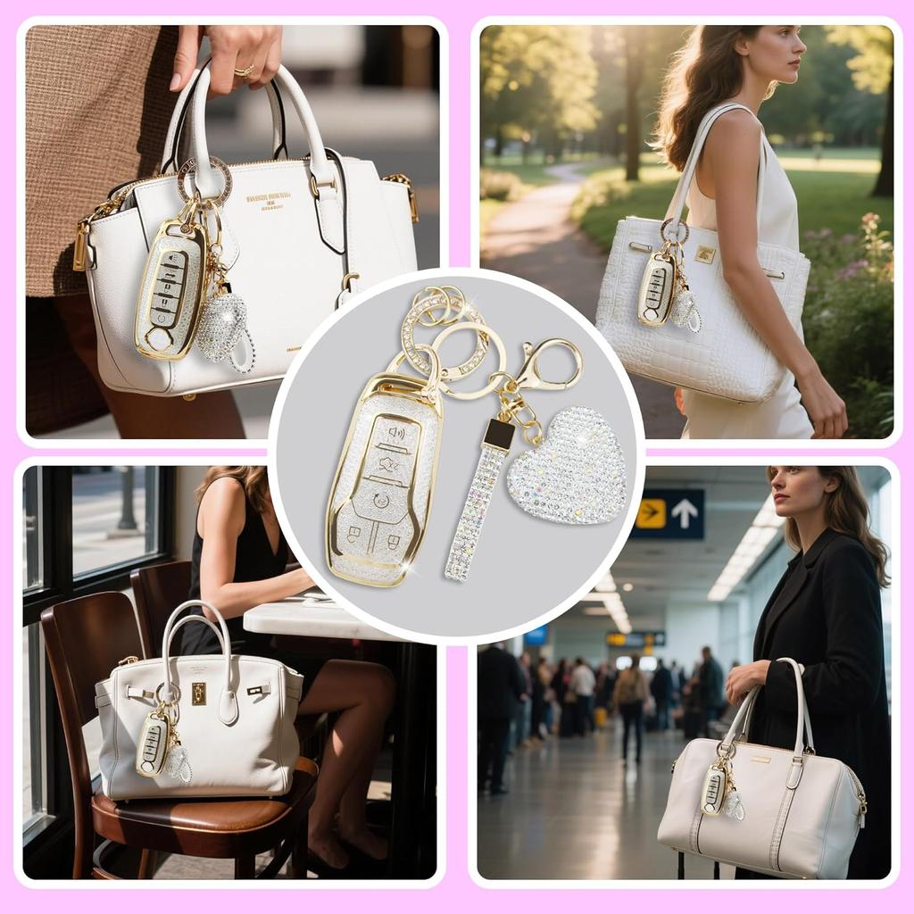 Key Fob Cover With Heart Keychain, Girly Car Key Shell Case For Women, Compatible With Ford Fusion Mustang F150 Edge Explorer Lincoln MKZ MKC MKX