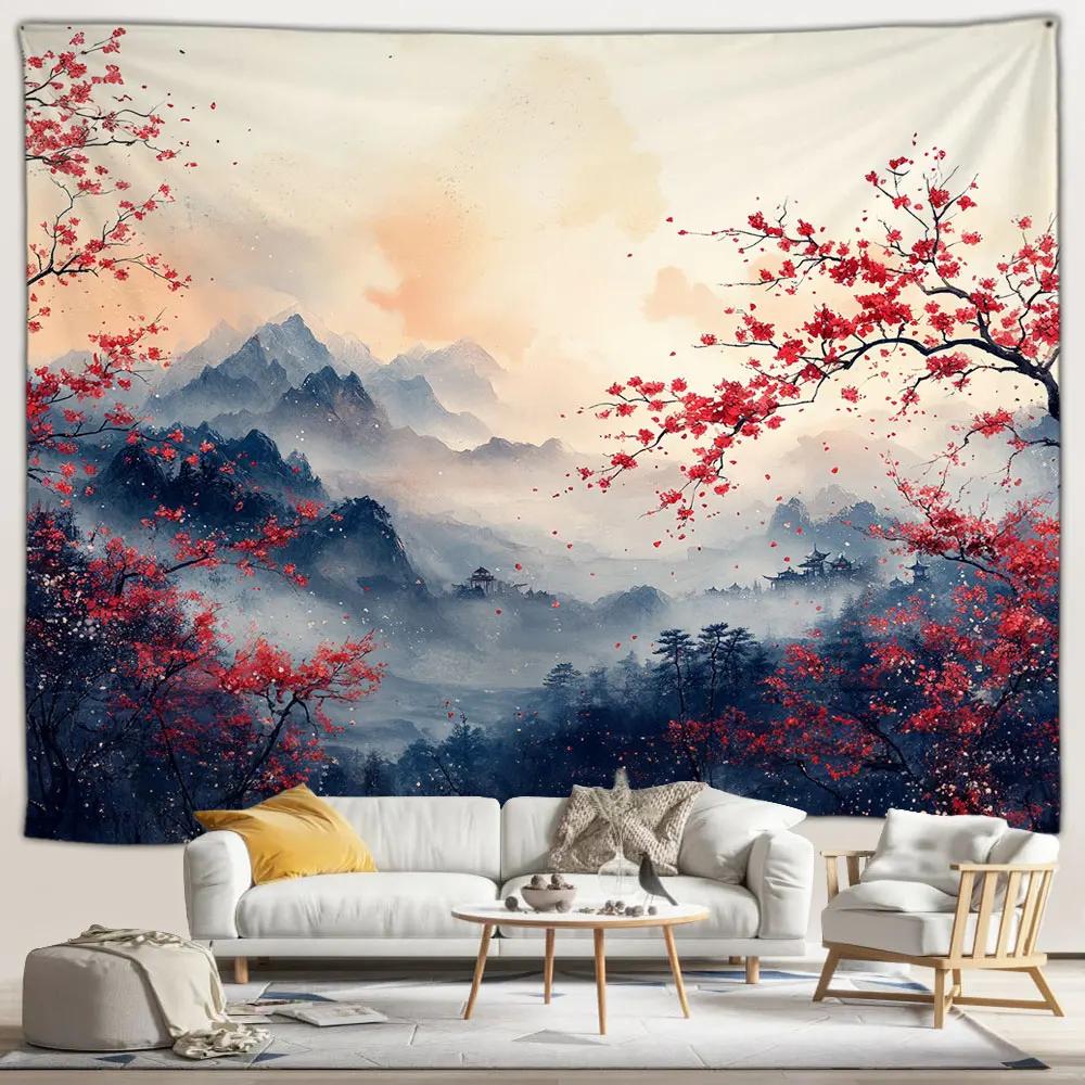 Japanese Scenery Tapestry Pink Cherry Blossom Flowers Misty Landscape Chinese Architecture Living Room Bedroom Decor Wall Hangin
