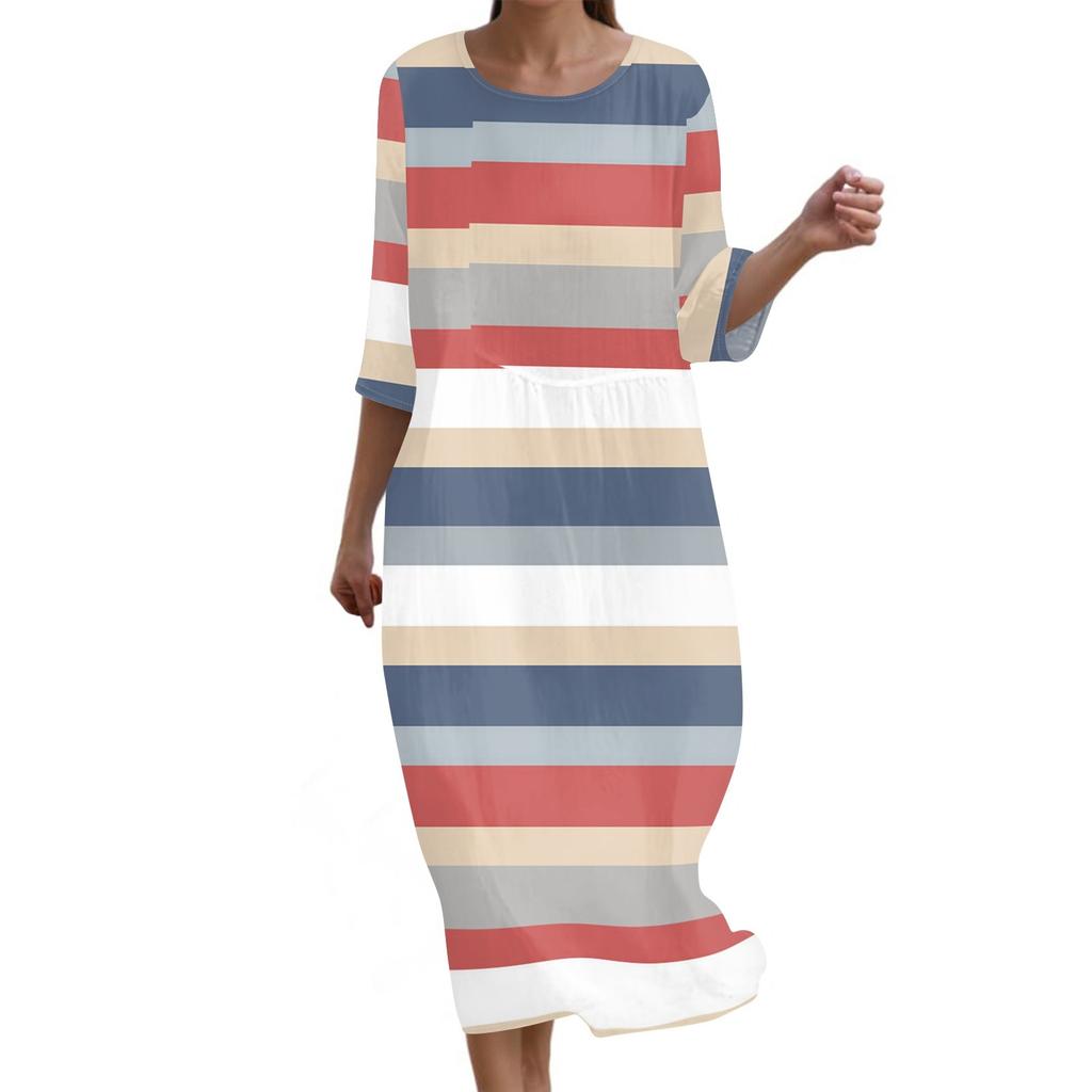 Women's Fashionable Printed Round Neck Seven Quarter Sleeve Loose Dress
