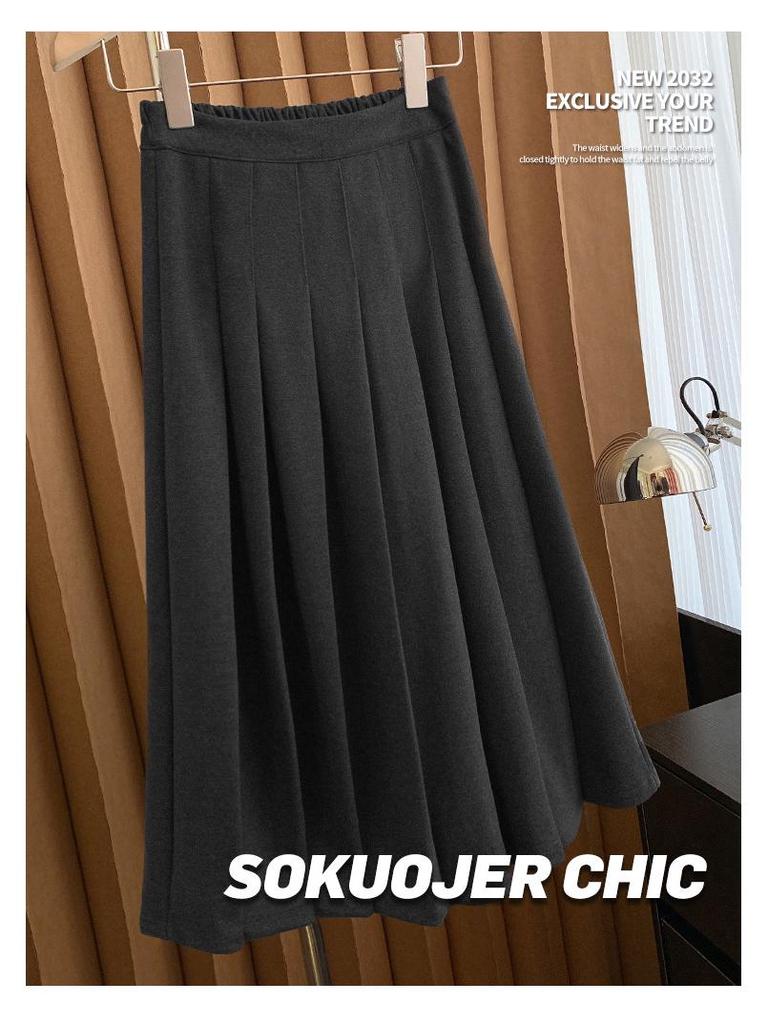 Women's High-Waisted Wool Blend Midi Skirt: Thick Pleated, Slimming Korean Style for Autumn & Winter