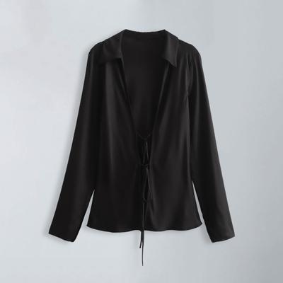 Women Shirt Long Sleeve Shirt with Lace-up Sexy Effect Silk Satin Textured Bow Detail Solid Color