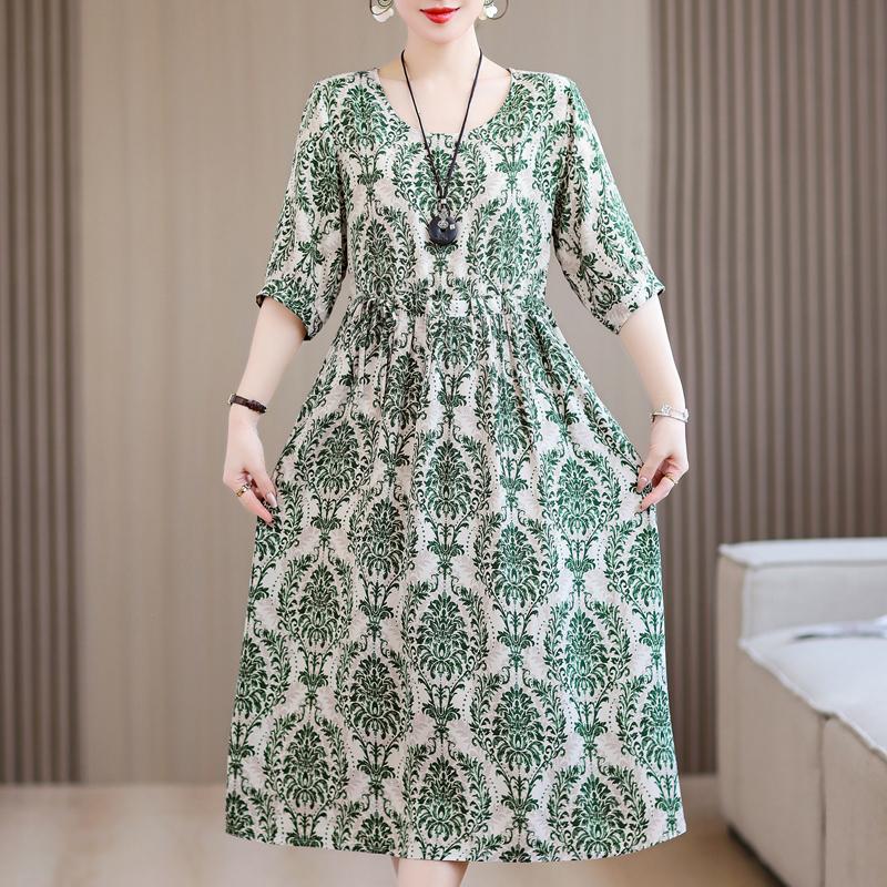 Casual Summer Women's Dresses  Plus Size Half Sleeve Vintage Print Long Dress Female