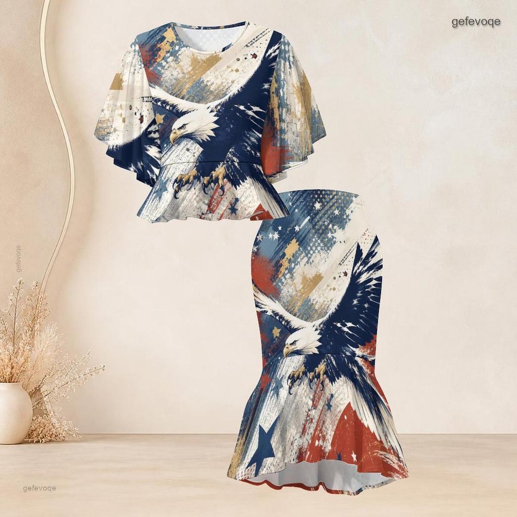 Women Plus Size Two Piece Skirt Set Round Neck Batwing Sleeve Galaxy Printed Ruffle Hem Top Fishtail Skirt