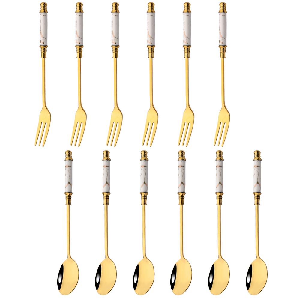 

12Pcs Creative Dessert Spoon Fork Western Food Cutlery Green Ceramic Handle Stainless Steel Dinnerware Snack Fork Coffee Spoon біле золото кольору