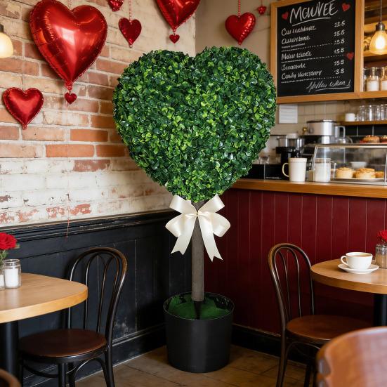 1/2Pcs Artificial Heart Topiary Tree Love Heart Topiary Stake with Rainbow Bow Indoor Outdoor Garden Porch Faux Shrubs Plants Decoration