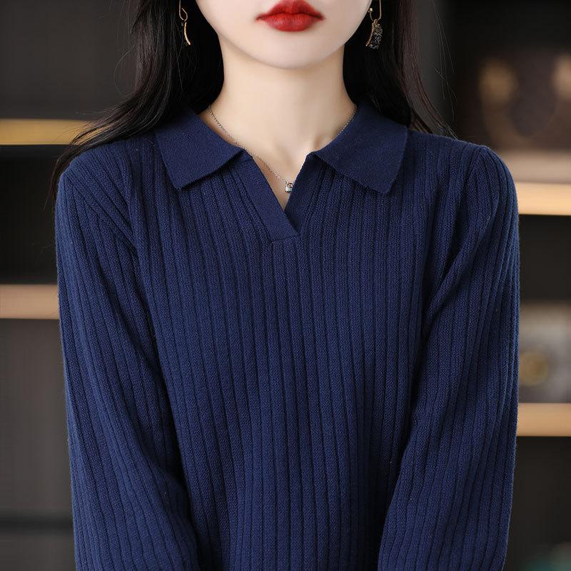 Spring and Summer Latest Cotton Thread 7-quarter Sleeve POLO Collar Sweater Women Pullover Thread Pit Strip Trendy Base Top