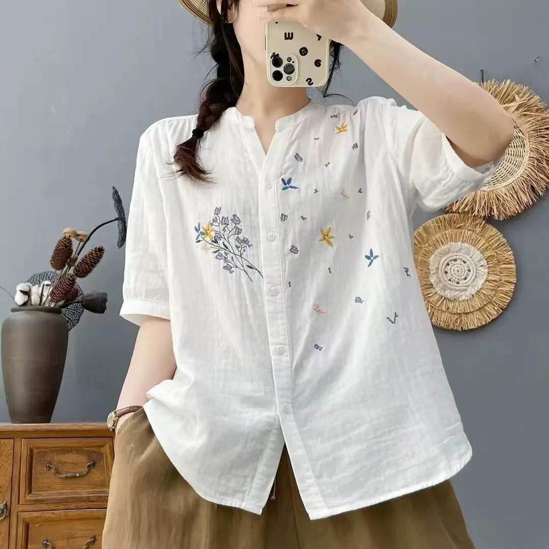 

2026 Spring/Summer Embroidered Cotton Yarn Round Neck Mid-Sleeve High-End Loose Top 3XL білий