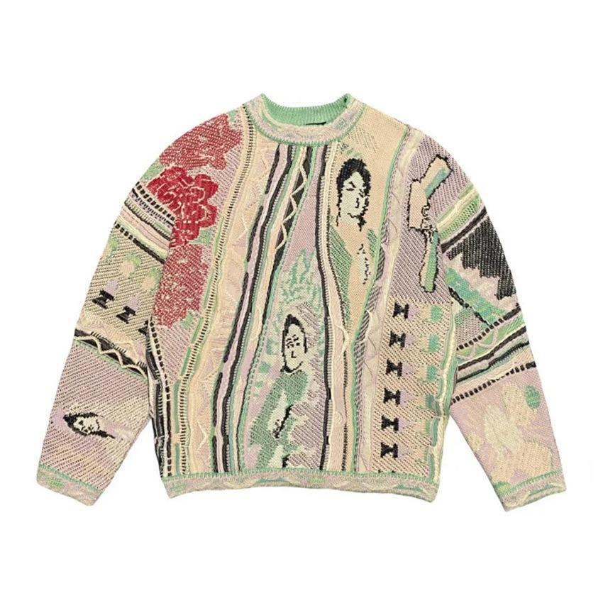 Herbst und Winter neue Retro-Mode Guochao lässiger Grobstrickpullover 3D-Digitaldruck Herren Rundhalsausschnittpullover