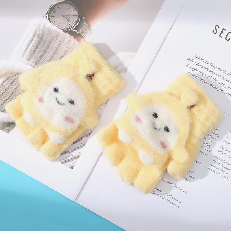 Autumn and Winter New Cute Girl Dumpling Flip Gloves Fresh and Sweet Versatile Thickened Plush Half-finger Gloves
