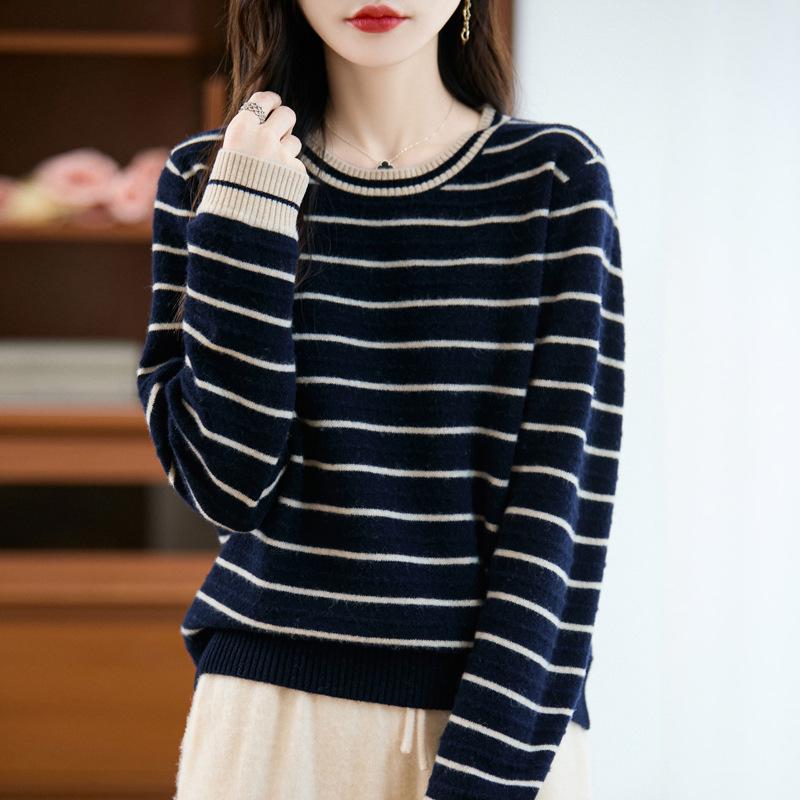 Women's French Retro Striped Wool Sweater - Slim Fit Autumn/Winter Knit Top