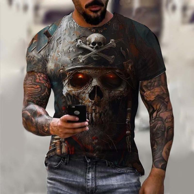Men's T-Shirt Undead Skeleton Pattern 3d Print Short Sleeve  Casual Man Clothes Summer