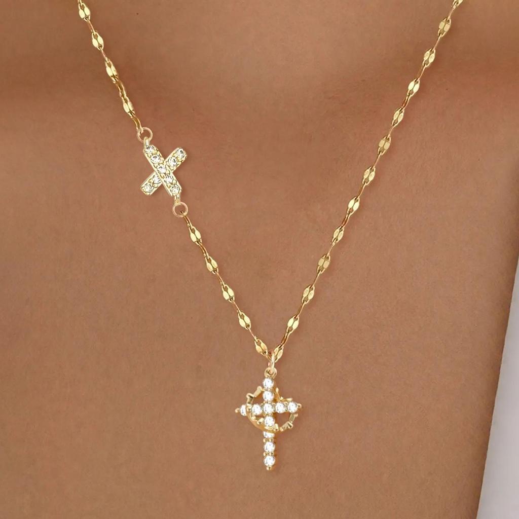 Full Diamond Rotatable Crown Cross with 26 Letter Copper Gold Plated Jewelry Accessory Necklace