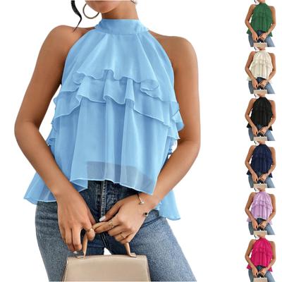 Women's Summer Fashion Sexy Color Off Shoulder Hanging Neck Shirt Top