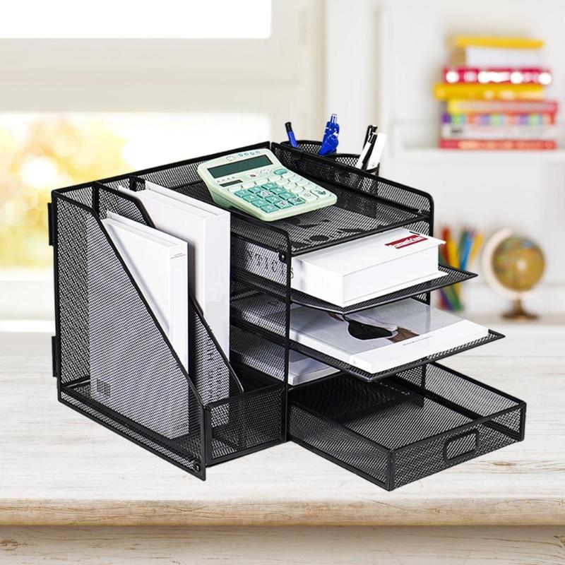 5-Tiered Metal File Letter Tray with Magazine Stand Multifunctional Desk Document Organiser For Office School Supplies