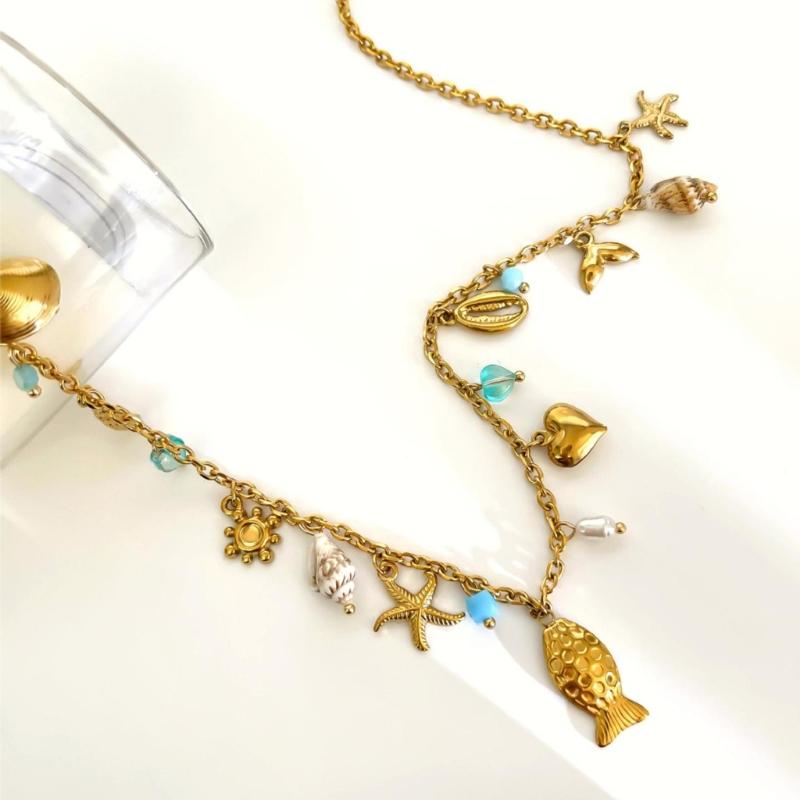 Stylish Marine Inspired Necklace Feature Natural Shell Starfish Fish Charm Adjustable Chain For Everyday Wear