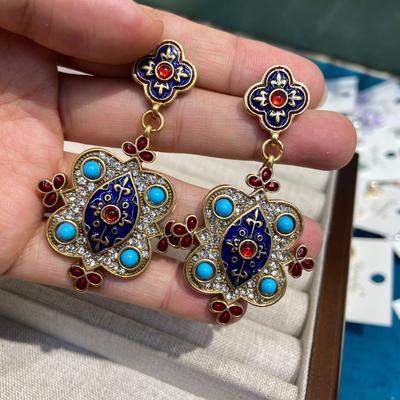 Wran Medieval Vintage Guochao Fashion Cloisonne Diamond Earrings Women, Retro Court Style Earrings