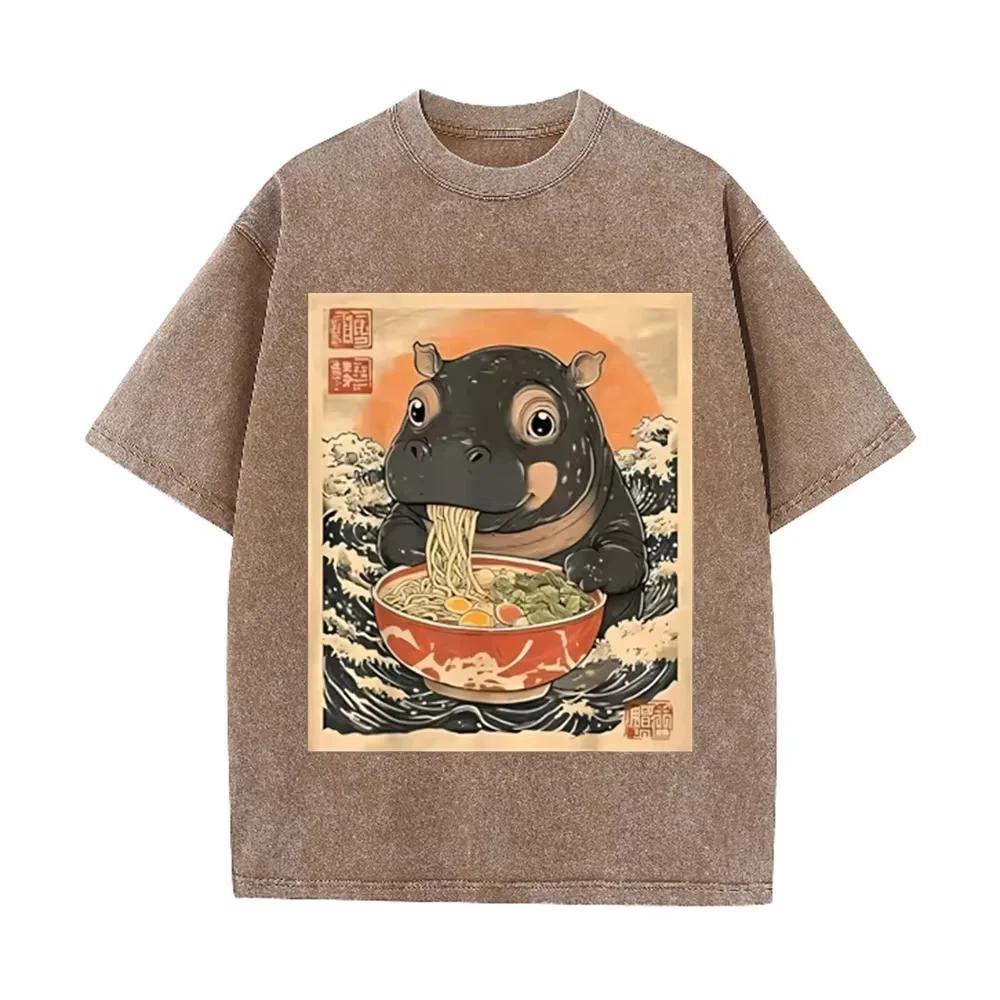 Retro Beige Cute Baby Hippo Noodle Art Acid Wash Oversized Funny Animal Streetwear Tee