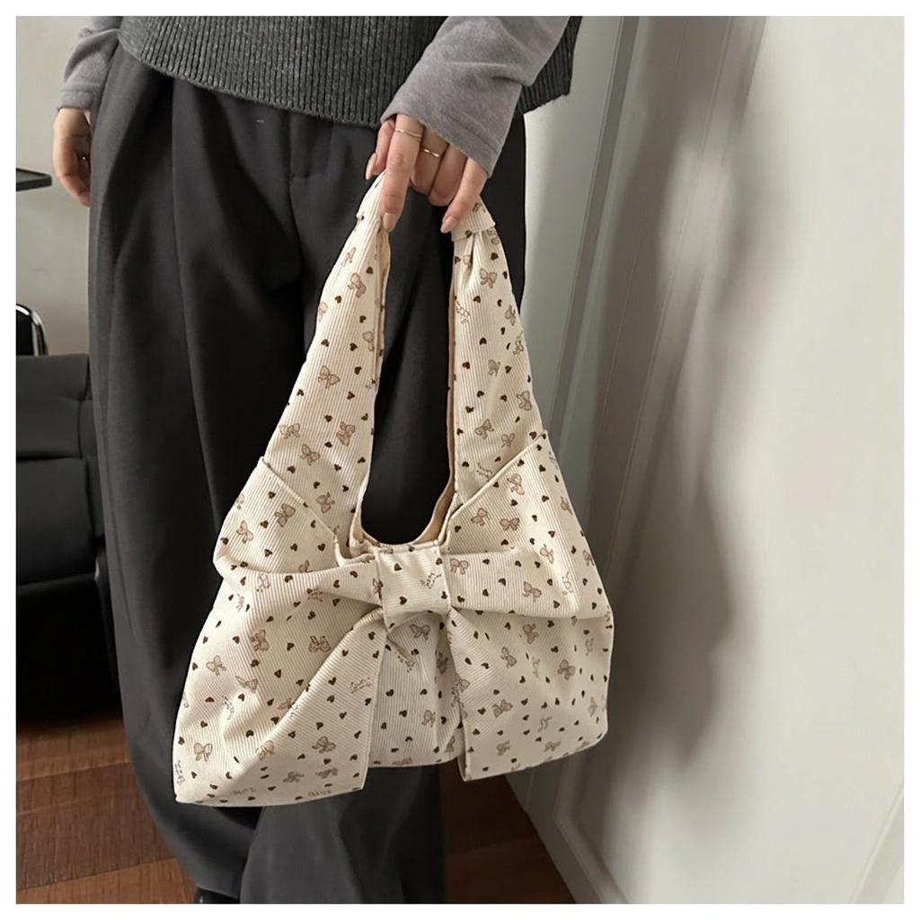 Corduroy Shoulder Bag Girly Dumpling Tote Bag Bow Print Bag Soft For Shopping Decorative Matching Piece Daily Commuting