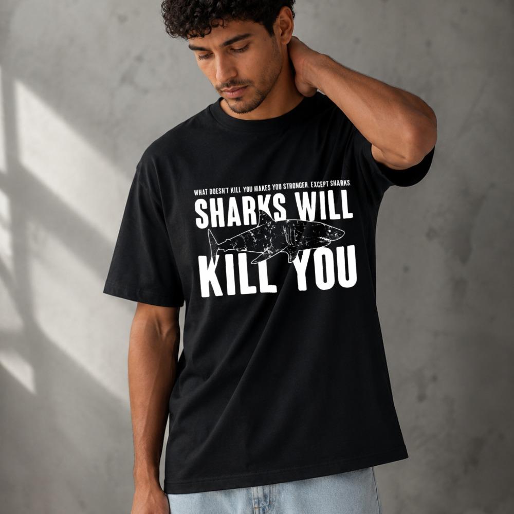 Funny Shark Warning Text Graphic Unisex Modal TShirt Soft Casual Tops Humor Ocean Animal Novelty Slogan Daily Wear Unisex Street Wear