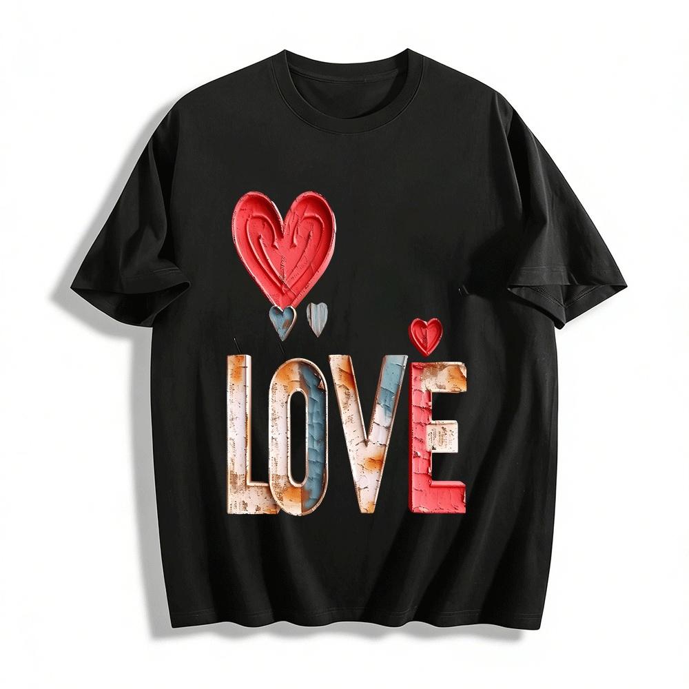 

Vintage Distressed Heart LOVE Print Casual Couple Short Sleeve Top Pure cotton T-shirt XXS