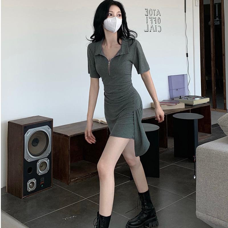 New Short-sleeved Polo Dress for Women's Summer Irregular Waist-wrapped Hip Short Skirt, Thin Spice Girl Skirt