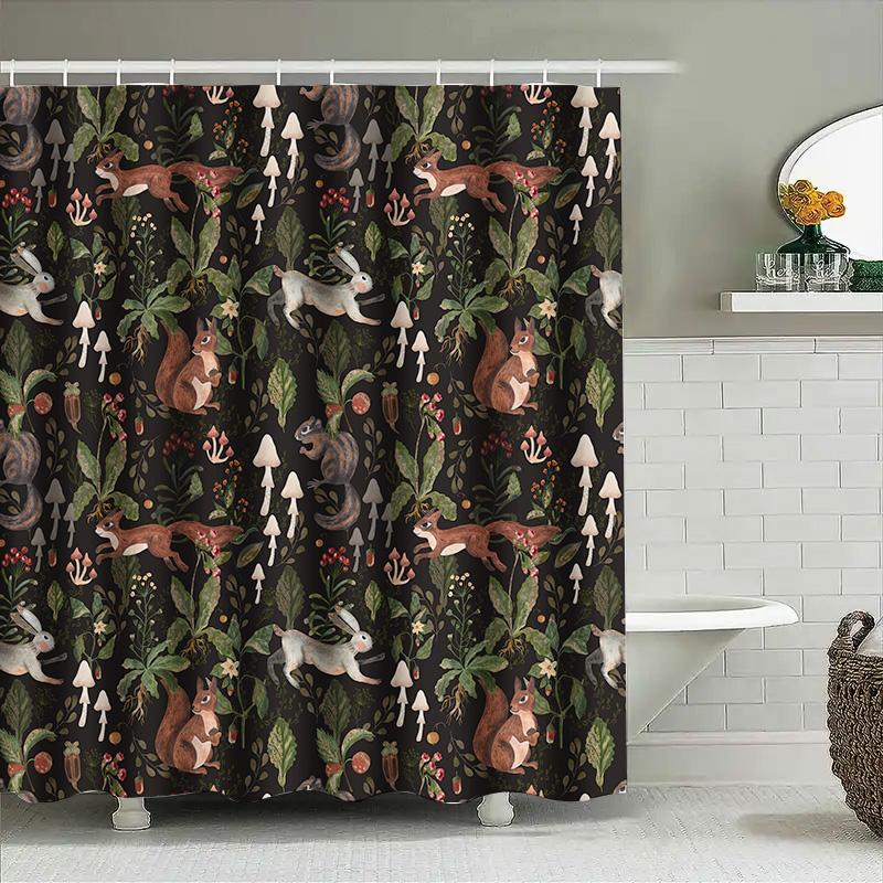 Nature-Inspired Shower Curtain Forest Animal Print Bathroom Decorative Waterproof Fabric With Mushroom Design For Home Decoratio