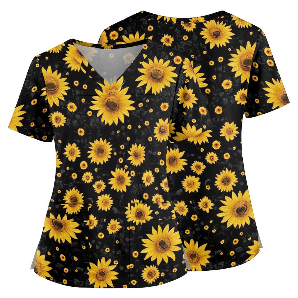 Women Floral Print V Neck Scrub Top with Pockets Side Slits Short Sleeve Medical Uniform Shirt for Healthcare Professionals