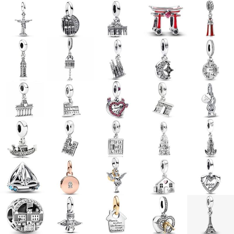 Ciondolo Fascino Argento 925 Fai da Te Torre Porta Castello Nave Angelo per Donne Gioielli Collana Bracciale Boutique