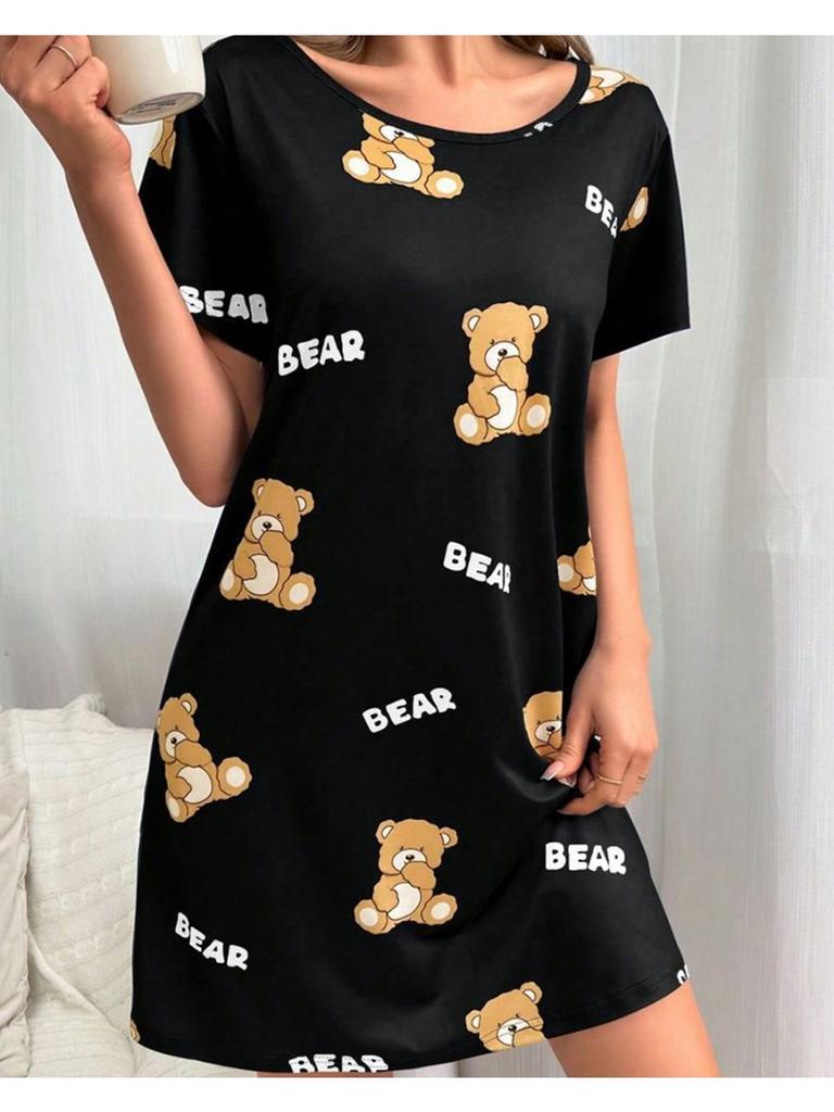 Women's Fashion Cute Bear And Letter 3D Printed Dress Home Daily Plus Size Skirt Casual Loose Short Sleeved Dress