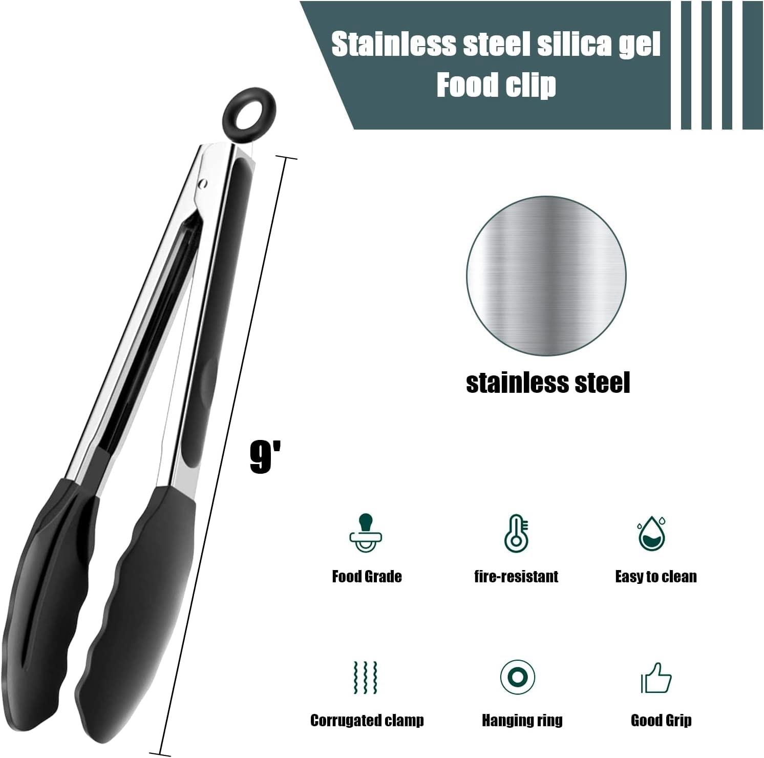 

9-inch Non-Slip Silicone Kitchen Cooking Tongs Heat Resistant Tip Stainless Steel Tongs for Salad/Pasta/Grilling/BBQ (No FDA Certificate,BPA Free) Black