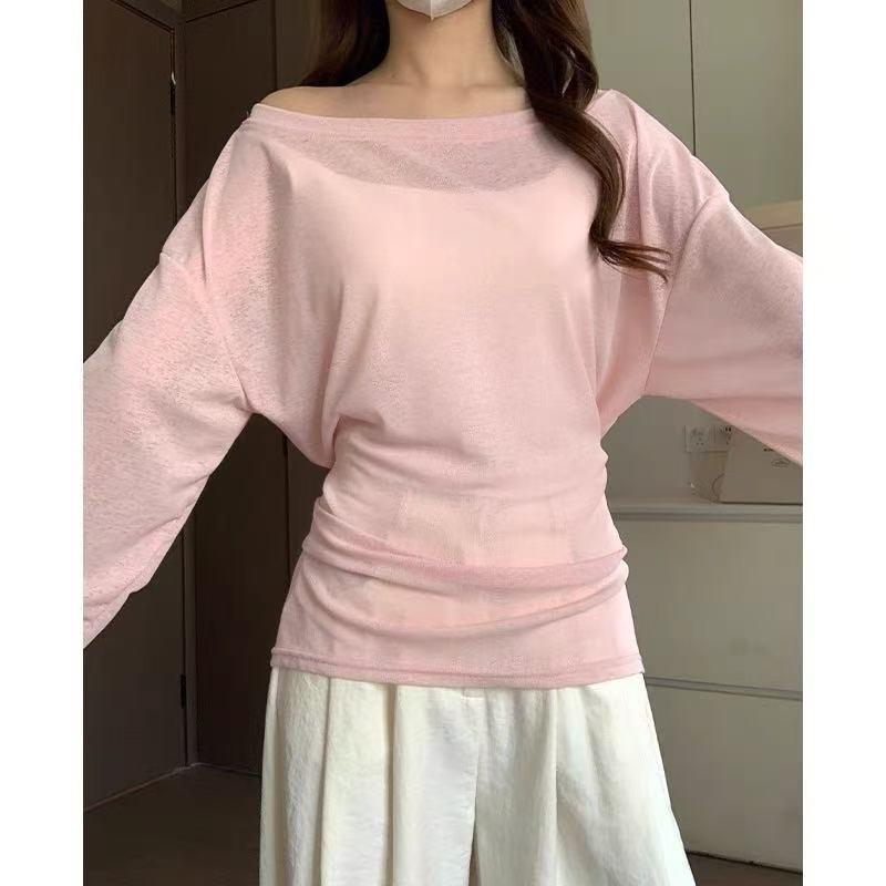 Spring and Summer New Lazy Loose and Thin Versatile Straps Round Neck Slightly Transparent Thin Sunscreen Blouse Top