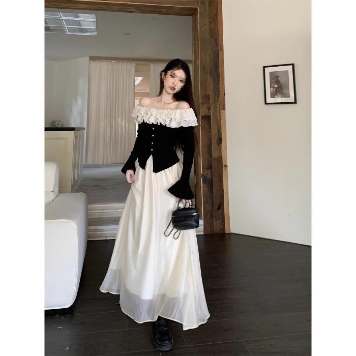 

Pure Desire Ruffle Patchwork One-Shoulder Women s Long-Sleeve Waist-Cinched Autumn Top XL (110-120 jin) чёрный