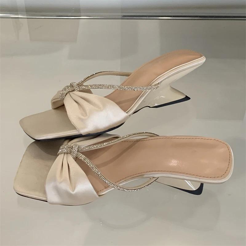 Eilyken 2025 New Summer Design Crystal Butterfly-knot High Heels Women Slippers Square Toe Party Dress Slides Shoes