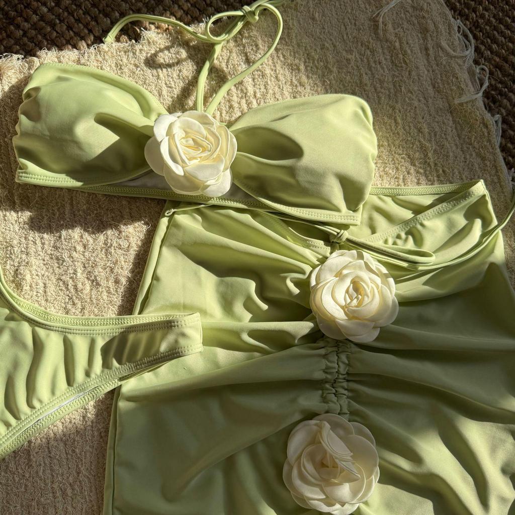 2025 Sexy Rose Sling Solid Color Three-Piece Bikini Set - European & American Style