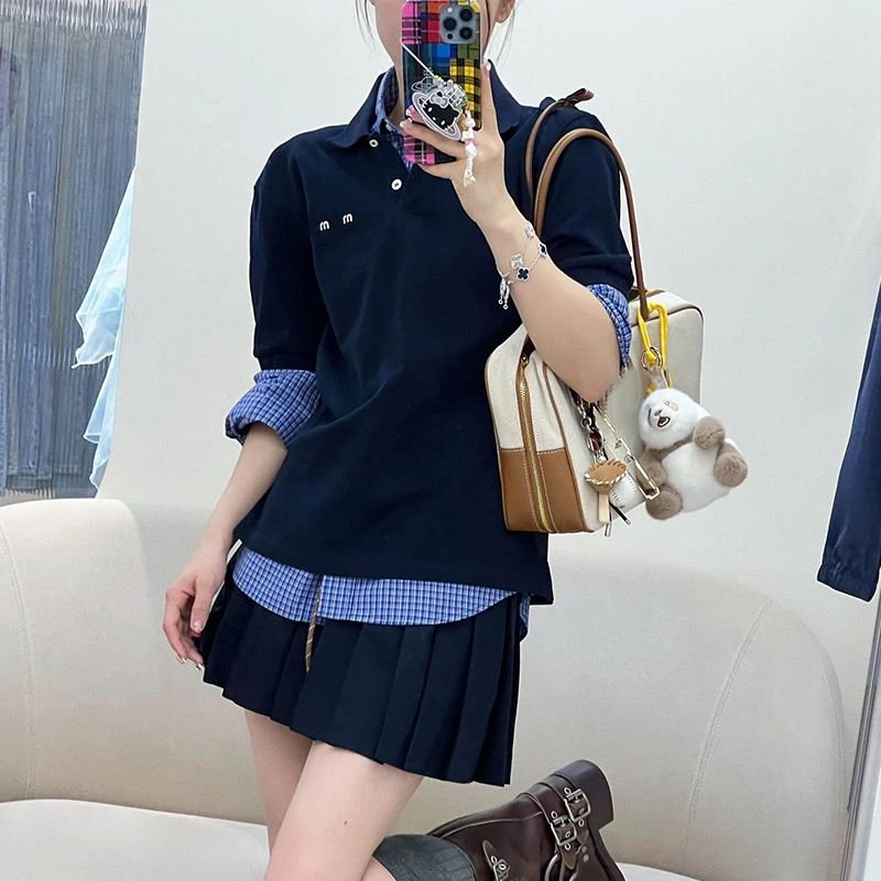 

Nanyou Miu Серия 2025 Весна и Осень Новые Преппи Молодящие Рубашки с длинным рукавом Женский Топ с коротким рукавом и многослойным воротником поло Blue polo short sleeve S