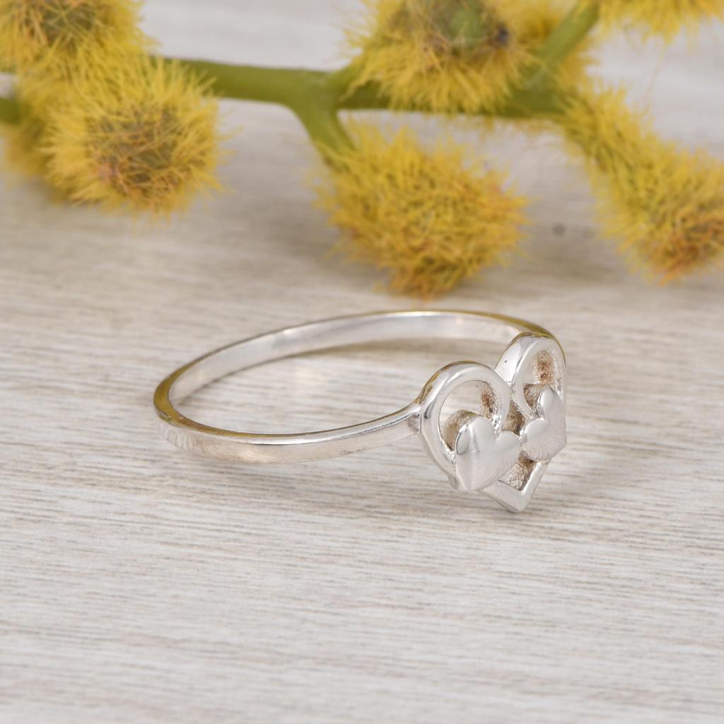 Double Heart Silver Ring, 925 Sterling Silver Minimalist Love Ring, Open Heart Design Dainty Ring Gift for Her.