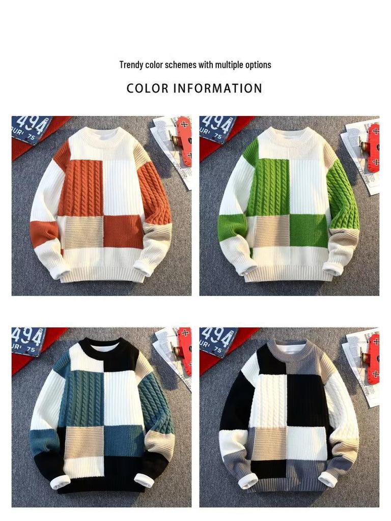 Men's Trendy Color Block Patchwork Sweater, Winter Warmth, Plus Size Knitwear, Versatile Base Layer, Niche Design.