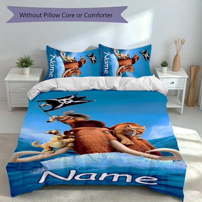 3pcs Custom Name Ice Age Dawn of the Dinosaurs Set,Includes 1 Duvet Cover and 2 Pillowcases,All-season Bedroom Decor