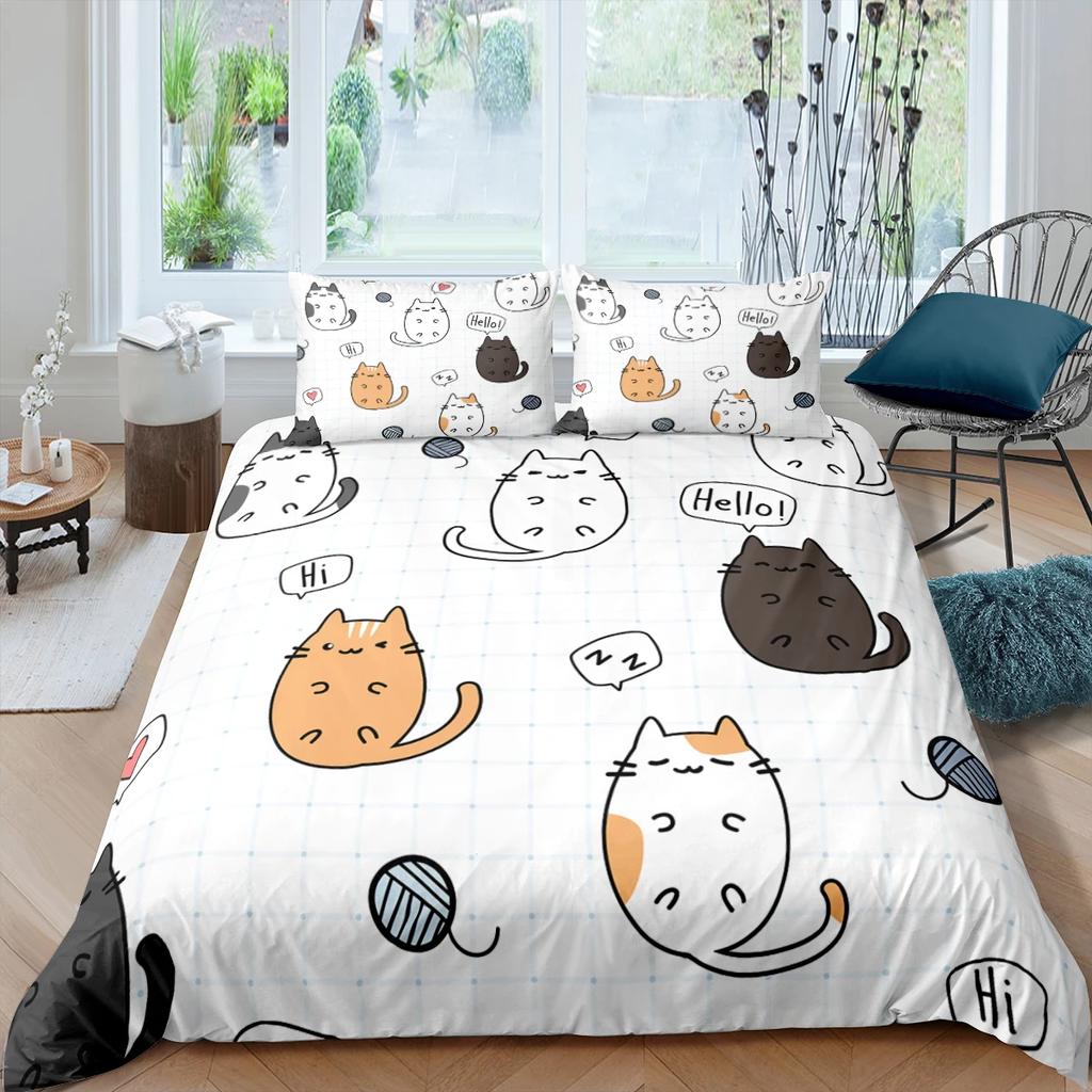 Sevimli Evcil Kediler Yatak Takımı Karikatür Yavru Kedi Baskılı Yorgan Kılıfı Yastık Kılıfı Kız İkiz Tam King Çift Kişilik Polyester Yorgan Kılıfı