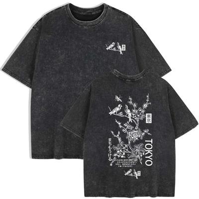 Japan Cherry Blossom Bird Prints Washed T-Shirts Women Cotton Short Sleeve Tops Casual Oversized T Shirt Summer Clothes