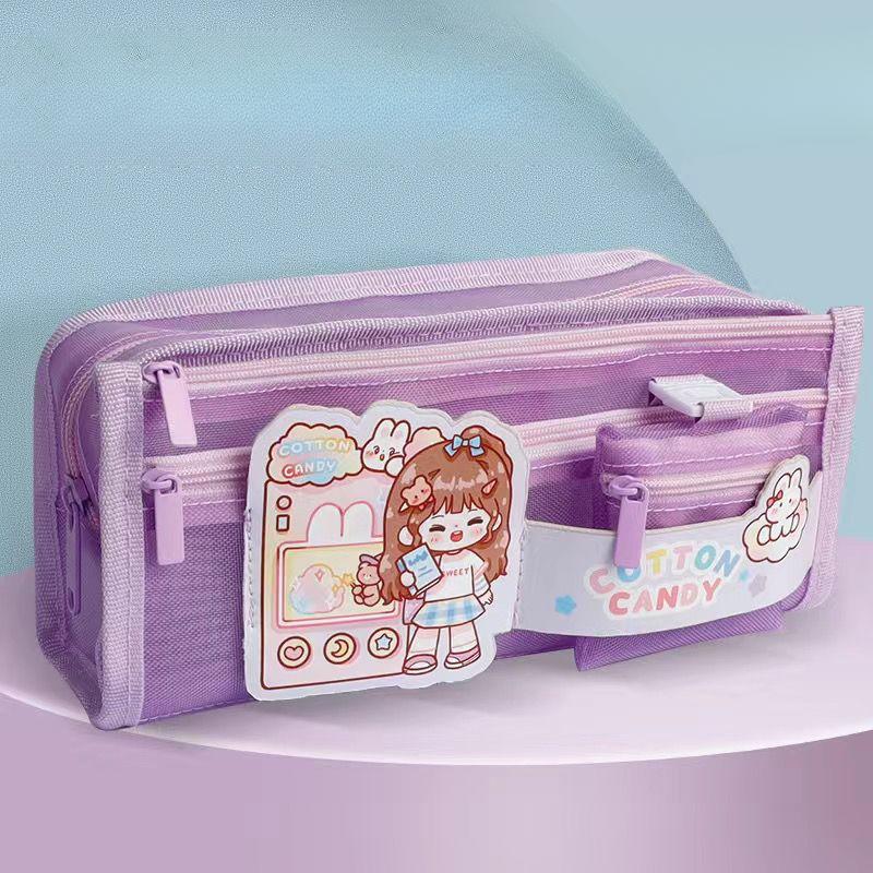 Girl Heart Mesh Pen Bag High Aesthetic Stationery Bag for Elementary School Students Large Capacity Storage Stationery Box with Multiple Layers