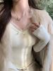 Women's Velvet Lace Base Layer Shirt - White V-neck Long Sleeve Top with Built-in Bra Pads for Autumn/Winter