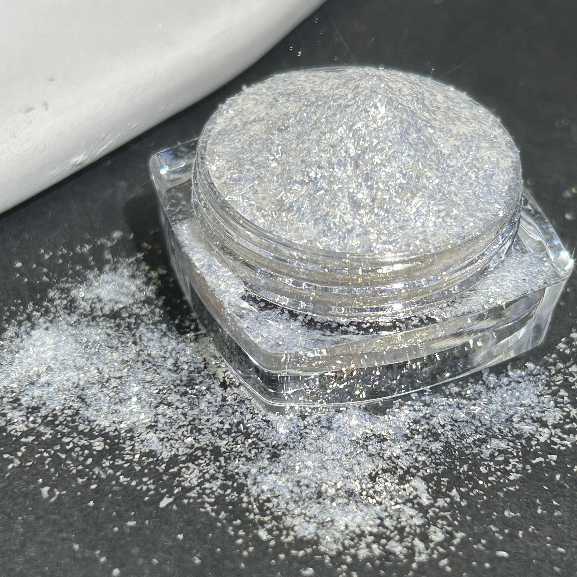 

Серебристые мерцающие тени для век и хайлайтер с эффектом стеклянной фольги – косметический класс для ногтей. 3 g