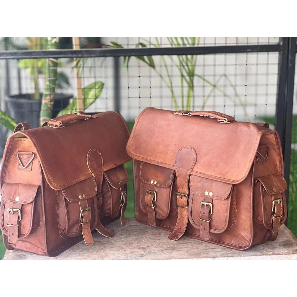 Leather Motorcycle 2 Saddle Bags Brown Side Pouch Panniers (Free Mobile Bag Size - 9 X 7 X 3 In)