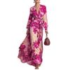 Robe Maxi Chiffon Légère Florale Coupe-Vent Manches Longues Col en V à Nouer Élégant Tempérament Nouveau Style Printemps