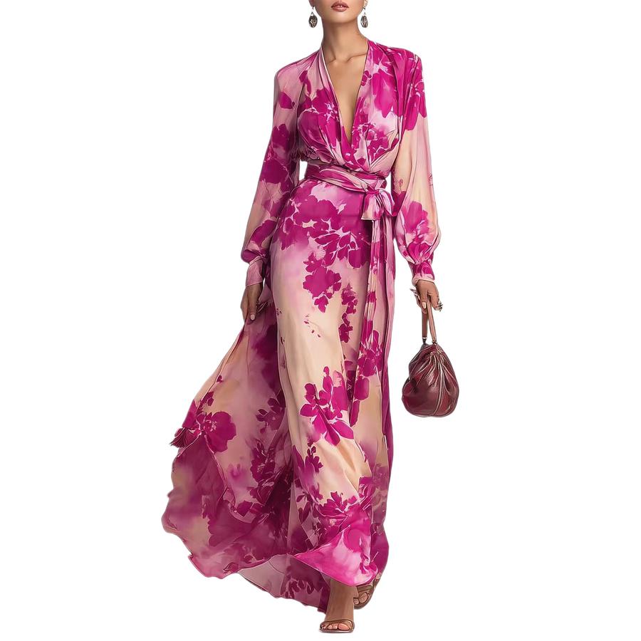 Robe Maxi Chiffon Légère Florale Coupe-Vent Manches Longues Col en V à Nouer Élégant Tempérament Nouveau Style Printemps