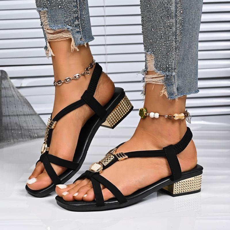 Fashion Bohemia Metal Flower Decoration Cross Strap Sandals Women 2025 Summer Medium Heel Sandals Fashion Slip on Beach Shoes Women