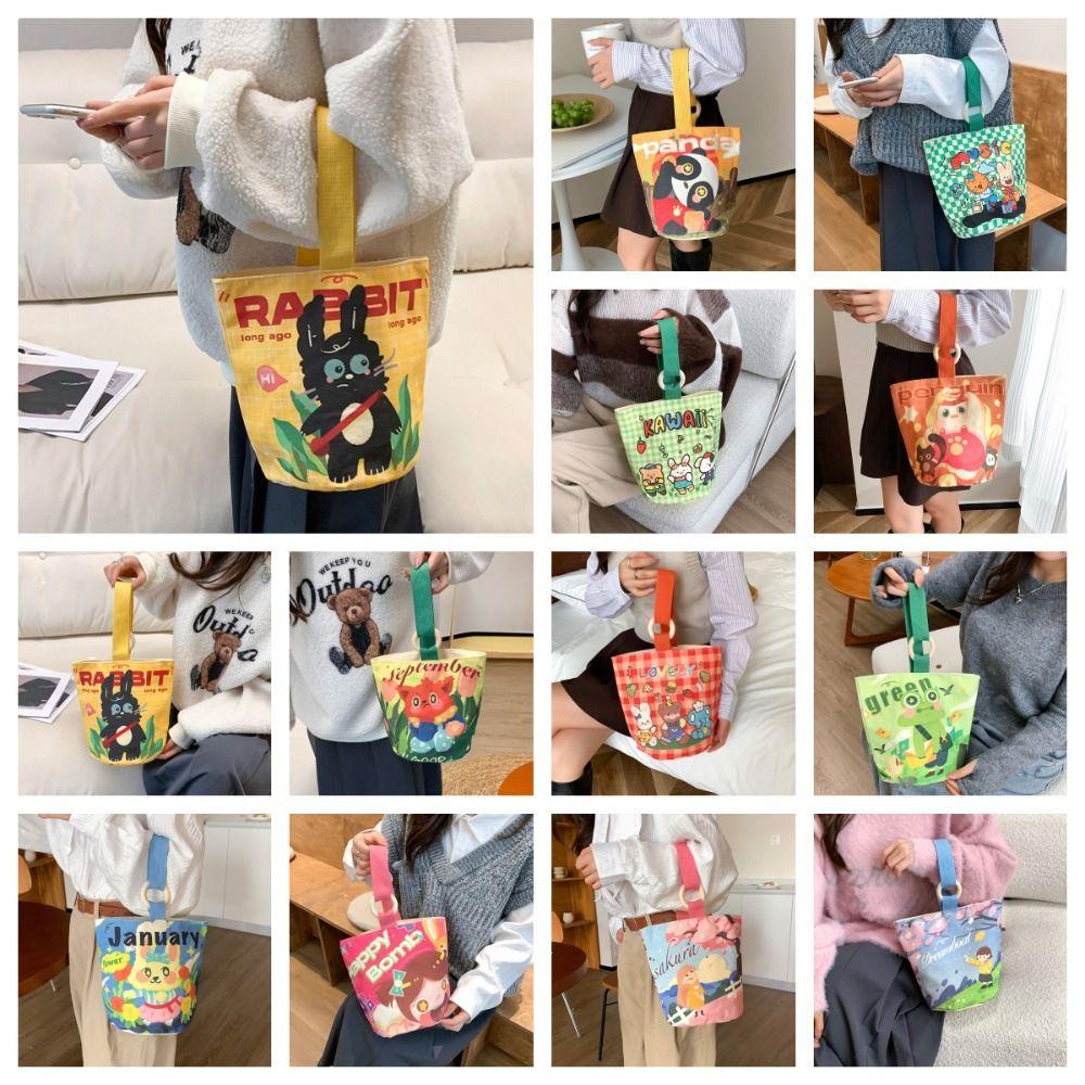 

Cartoon Canvas Bucket Bag Letter Print Canvas Handbag Cute Cartoon Tote Bag Shopping
